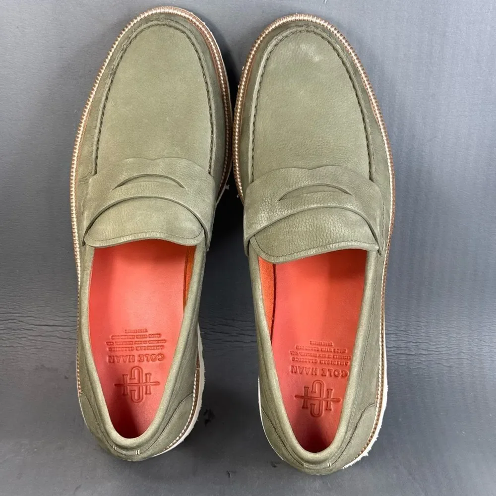 Cole Haan Olive Green Suede Penny Loafers with White Sole
